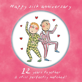 Holy Mackerel same sex LGBTQ+ 12th Silk anniversary card (male) by Rosie Brooks - blank inside - 15cm square