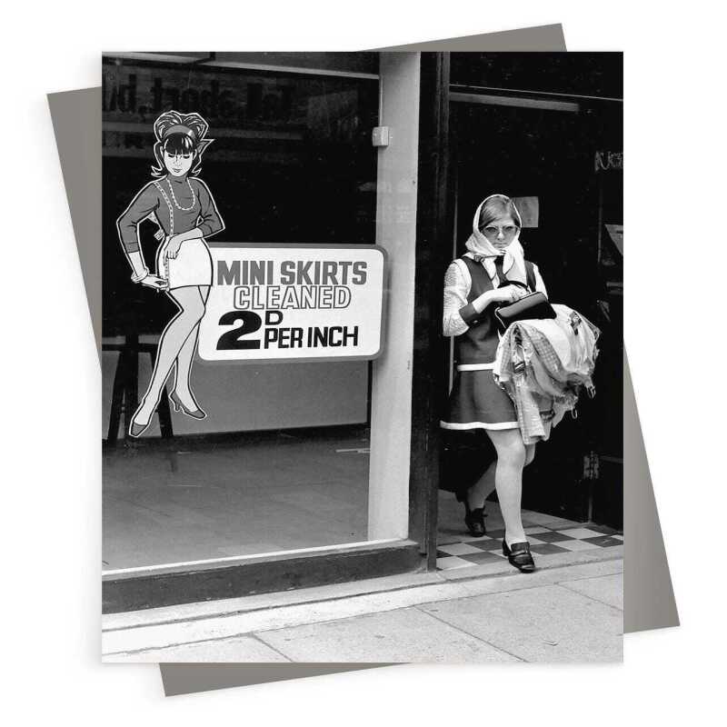 Cleaning by the inch- Black and white photographic dry cleaners card - 12.6 x 17.7cm and blank inside, made in the UK