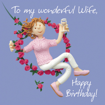A 150mm square greetings card by artist Erica Sturla, for a wife on her birthday. The card comes with a white laid envelope and is blank inside for your message.
