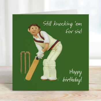 Cricket themed birthday card for him - designed by Erica Sturla - 15cm square and blank inside, made in the UK