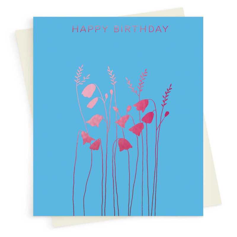 Happy birthday card with a pretty pink foil echinacea print - designed by artist Eloise Hall - 15.7 x 11cm and blank inside