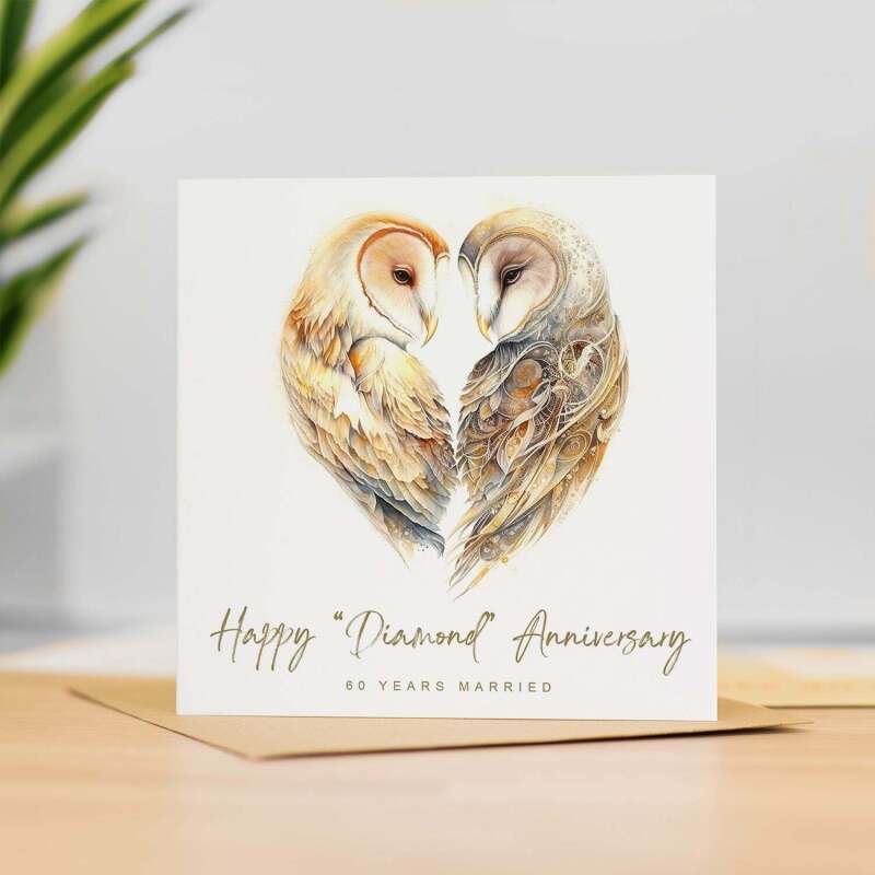 60th Anniversary Card Diamond Anniversary 60 Year Anniversary Card For Husband Owl Anniversary Card For Wife Sixty Year Anniversary Card - Square (5.5x5.5) / Blank Inside