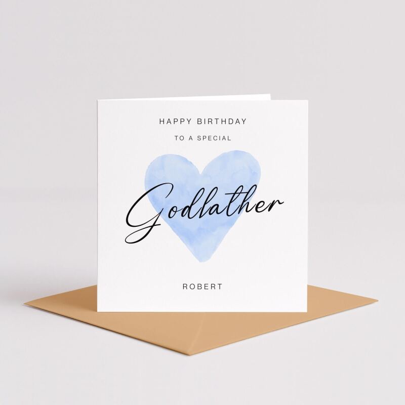 Godfather Birthday Card with Personalised custom name, Blue Watercolour Heart design, Handmade Greeting UK - Smooth No Message - Kraft Brown