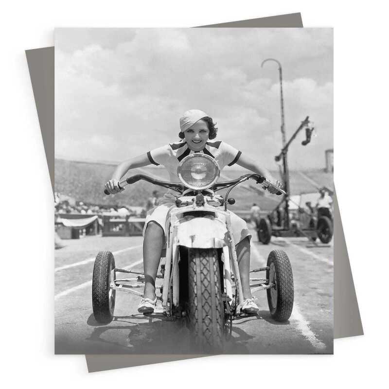 Revving up, photographic black and white card featuring a woman on a motorbike - 12.6 x 17.7cm and blank inside - made in the UK