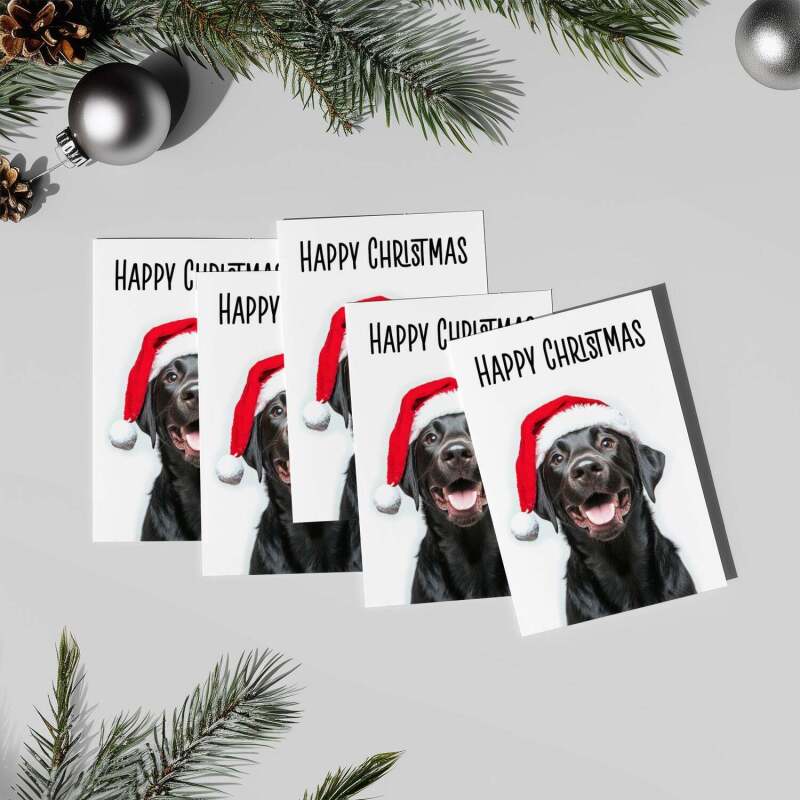 5 x Fun Christmas Card of a Black Labrador Dog Wearing A Santa Hat Whimsical Christmas Card For Animal Lover For Him or Her - Small (4x6) / Pack of 5