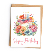 Birthday Card - Happy Birthday Colourful Floral Cake - Small (Approx. A6 | 105mm x 148mm | 4.1in x 5.8in) - Standard Smooth Card
