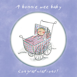 Holy Mackerel Bonnie wee baby, a 15cm square Scottish themed new baby card featuring Rosie Brooks artwork, blank inside for your message