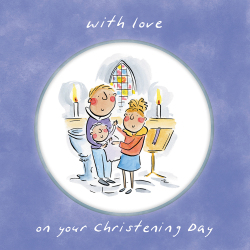 Holy Mackerel On your Christening Day, a 15cm square religious themed birthday card featuring Rosie Brooks artwork, blank inside for your message