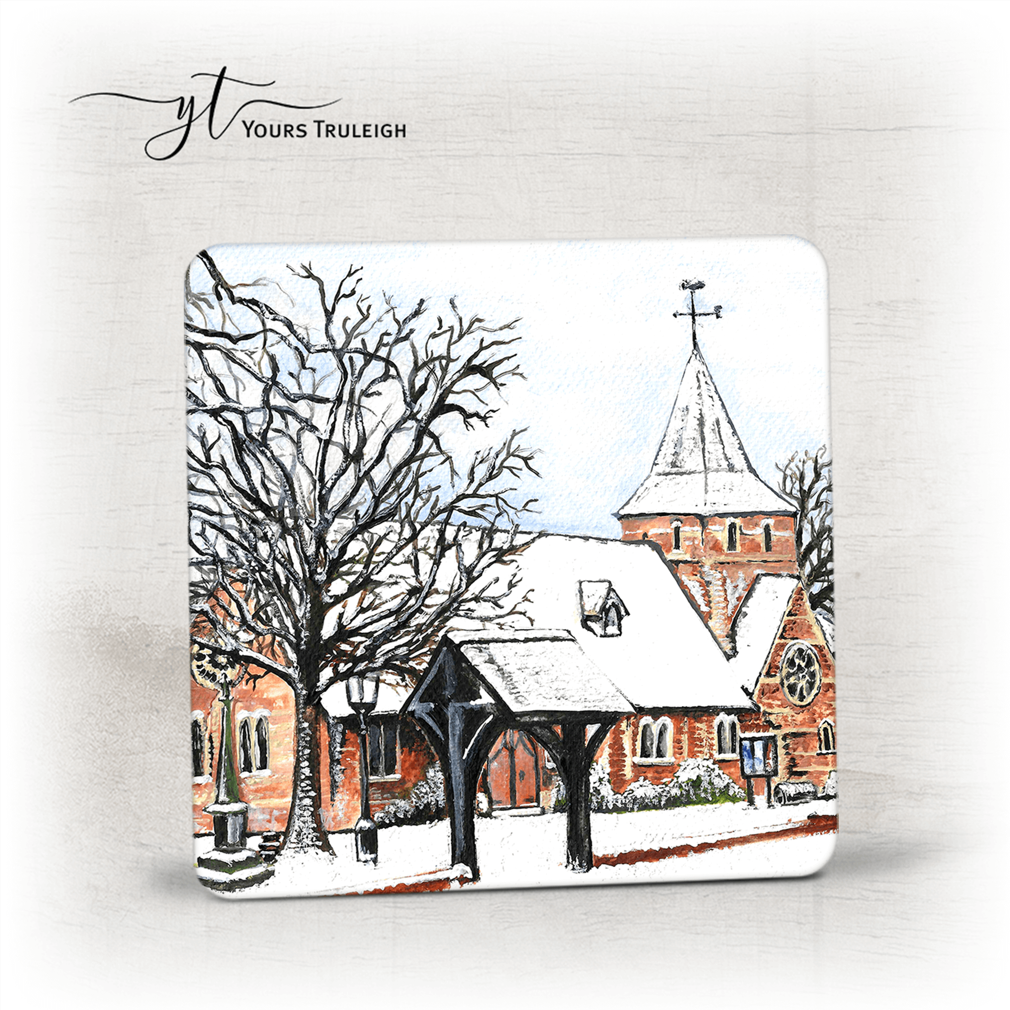 St Johns Church - Snow - Ceramic Mug, Hardboard Coaster & Placemat Set