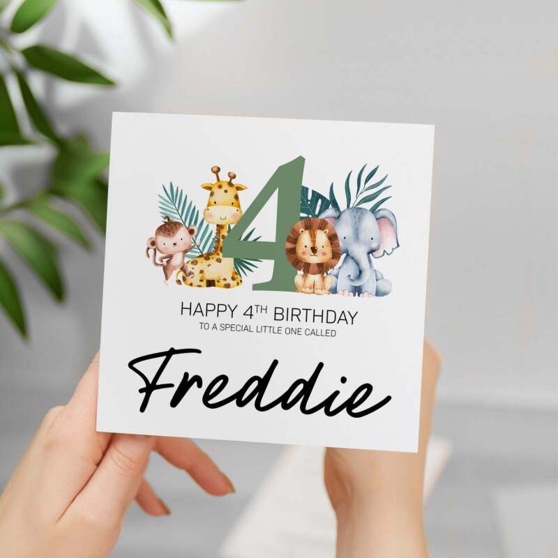 Personalised 4th Birthday Children's Card Jungle Themed Fourth Birthday Card For Boy or Girl Four Years Custom Card - Square (5.5x5.5) / Blank Inside