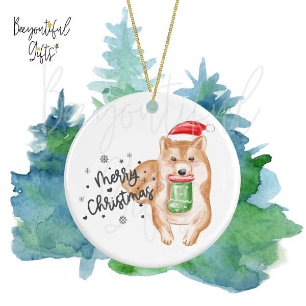 Ceramic Christmas Tree Decoration - Merry Christmas Painted Shiba Inu