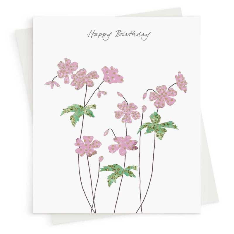 Feminine floral geranium birthday card for her -  designed by Eloise Hall - 15.7 x 11cm and blank inside, made in the UK