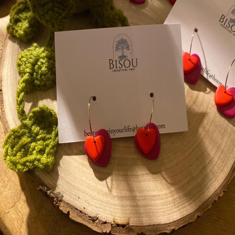 Handmade Polymer Clay Heart Hoop Earrings &ndash; Red & Hot Pink