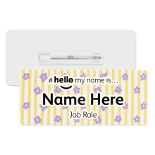 #hello my name is... Name Badge - Retro Yellow Stripes & Purple Daisies