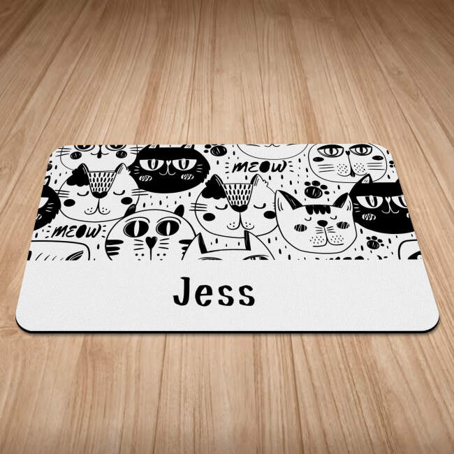 Personalised Monochrome Cat Design Cat Bowl Mat