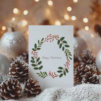 Christmas wreath card -  designed by Eloise Hall - 15.7 x 11cm and blank inside, made in the UK