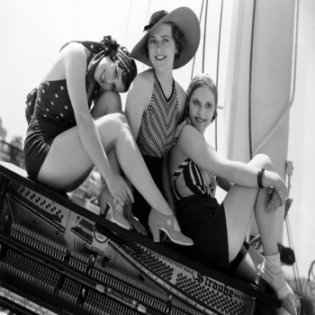 Holy Mackerel musical moment retro black and white photographic card featuring a vintage image of friends sat atop a piano - 12.6 x 17.7cm and blank inside