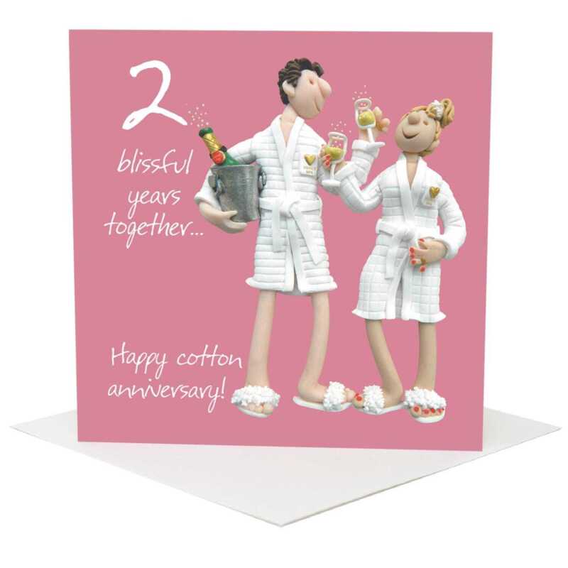 2nd wedding anniversary card (cotton robes) - designed by Erica Sturla - 15cm square and blank inside, made in the UK
