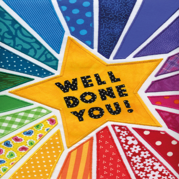 Holy Mackerel Well Done You, a star themed congratulations card featuring an image of Sarah Hopkins' textile art - 12 x 17cm - blank inside for your message