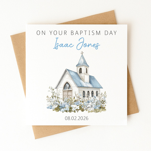 Personalised Baptism Card - On Your Baptism Day - Blue Church - Standard Smooth Card