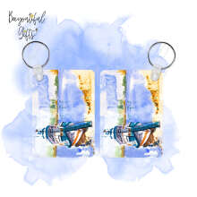 Watercolour Ship on the Pier Seascape High Gloss Rectangular Wooden Key Ring