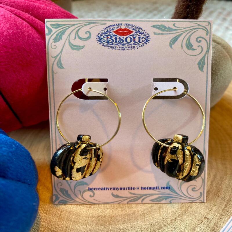 Gold Leaf Pumpkin Earrings, Black Polymer Clay Hoop Earrings
