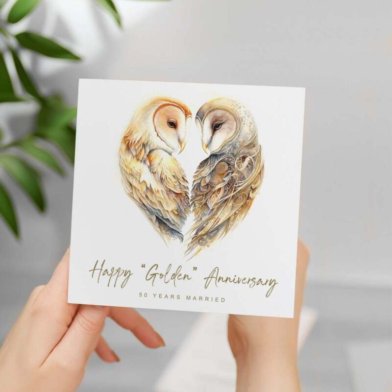 50th Anniversary Card Golden Anniversary 50 Year Anniversary Card For Husband Owl Anniversary Card For Wife Fifty Year Anniversary Card - Square (5.5x5.5) / Blank Inside