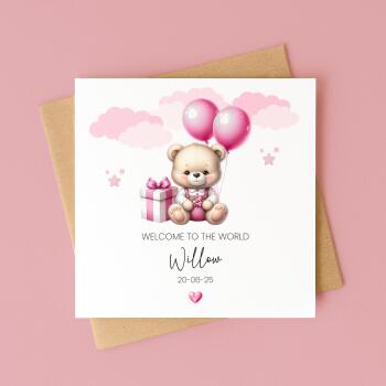 Personalised New Born Baby Girl Card Teddy Bear Birth Announcement Pink Balloons Keepsake