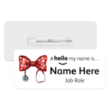 #hello my name is... Name Badge - Hearts Red Coquette Bow Ribbon