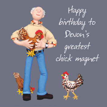 Holy Mackerel Devon chick magnet birthday greetings card, designed by Erica Sturla Card is 150mm square and blank inside.