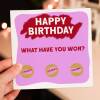 Happy Birthday, what have you won? Scratch off and reveal gift, present card (gold, silver circles) for son, daughter, wife, husband - Blue - Gold