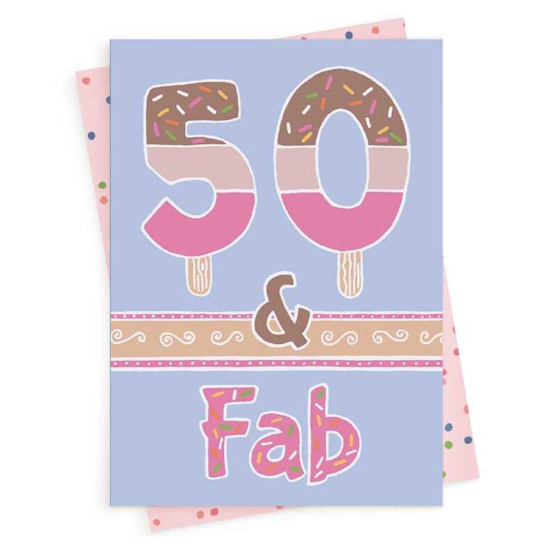 50 and fab, a bright and fun 50th birthday card with a gorgeous printed envelope - 12 x 17cm and blank inside - made in the UK