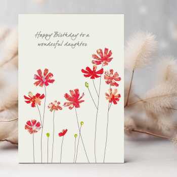 Cosmos flowers daughter birthday card -  designed by Eloise Hall for Holy Mackerel - 15.7 x 11cm and blank inside, made in the UK