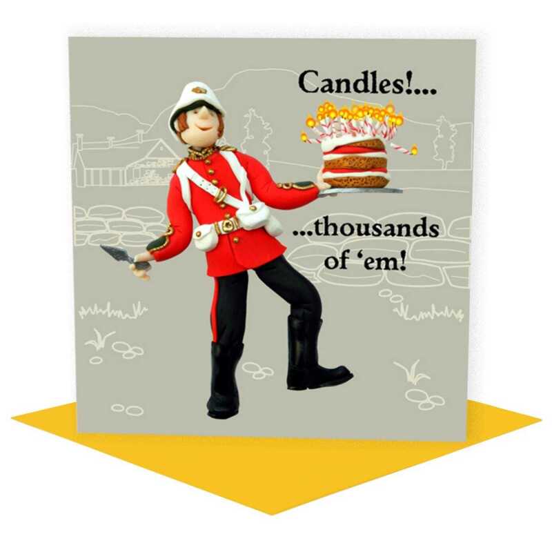 Candles 1000s of em - British Boer War soldier birthday card - designed by Erica Sturla - 15cm square and blank inside, made in the UK