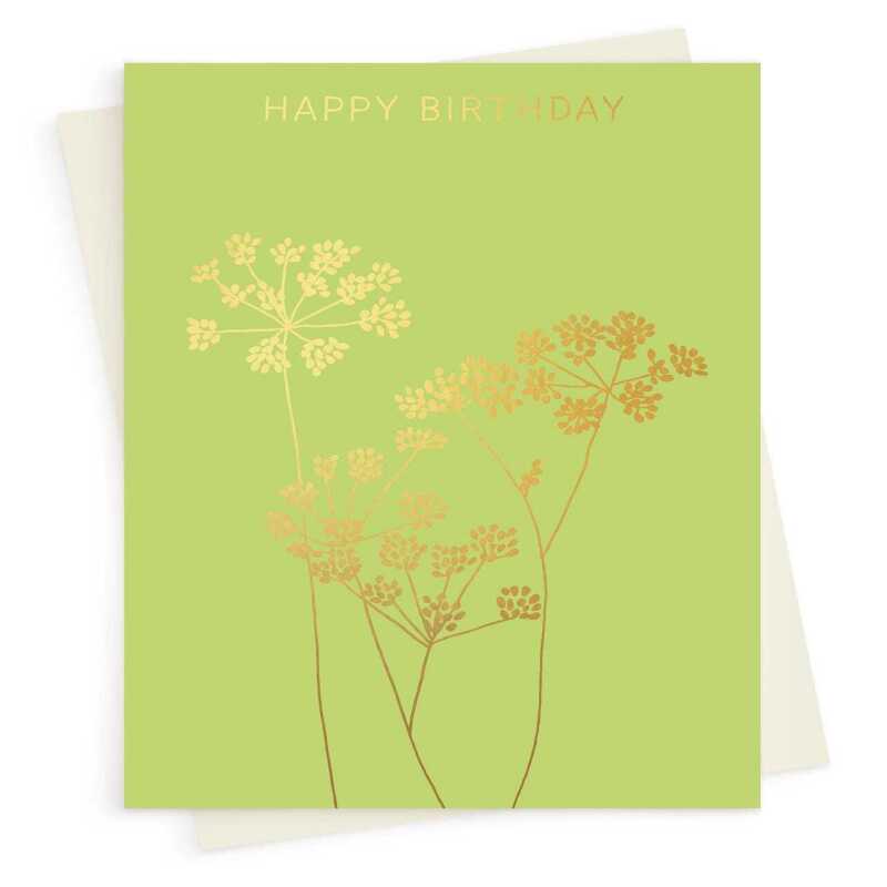 Happy birthday card with a pretty gold foil fennel print - designed by artist Eloise Hall - 15.7 x 11cm and blank inside