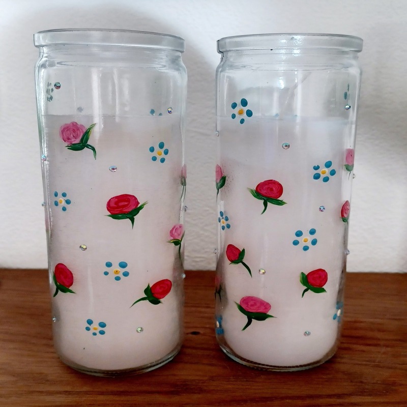 Hand Painted Rosebud and Forget-me-not Floral Candle Holders
