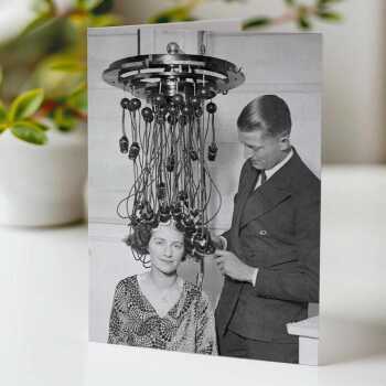 Hair-raising technology - vintage black and white themed card - 12.6 x 17.7cm and blank inside - made in the UK