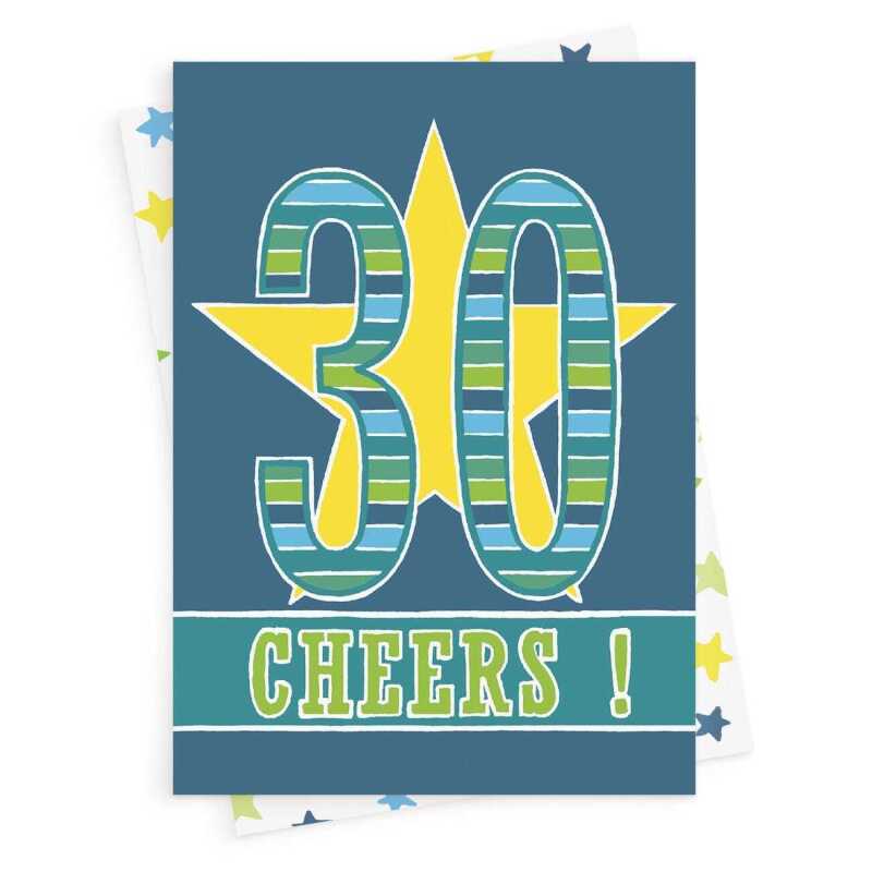 30 cheers, a bright and fun 30th birthday card with a gorgeous printed envelope - 12 x 17cm and blank inside - made in the UK