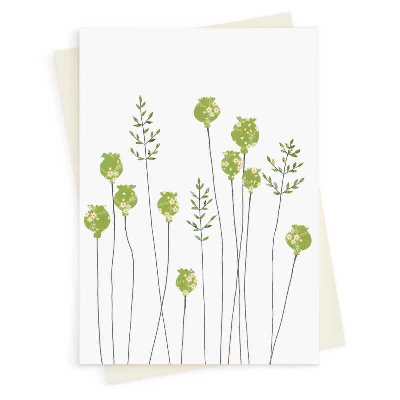 Poppyheads & grass greeting card -  designed by Eloise Hall - 15.7 x 11cm and blank inside, made in the UK