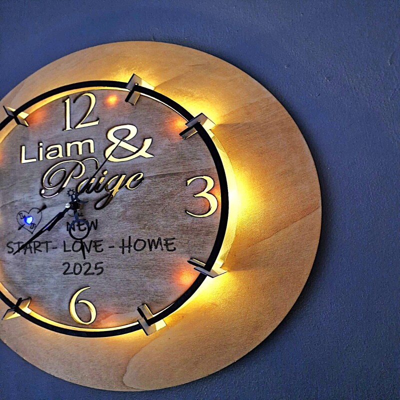 Personalised Wooden LED Wall Clock – Custom Engraved Gift for Home & Weddings