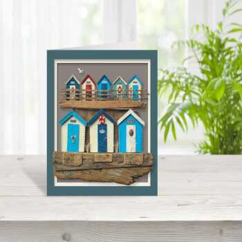 Double decker - quayside beach hut themed blank card - designed by Seth Draper - 15cm square and blank inside, made in the UK