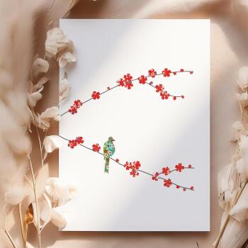 Blossom & one bird greeting card -  designed by Eloise Hall - 15.7 x 11cm and blank inside, made in the UK