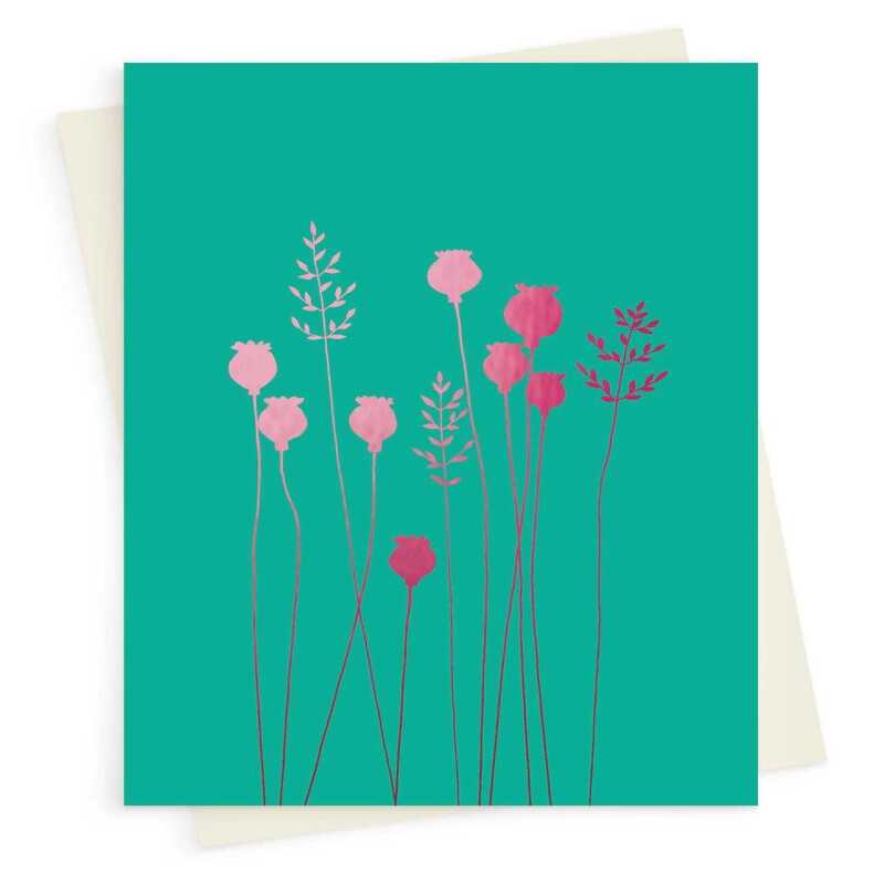 Poppyheads blank card with a pretty pink foil print - designed by artist Eloise Hall - 15.7 x 11cm and blank inside