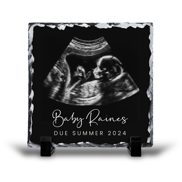 Pregnancy Announcement Gift - Personalised Baby Scan Rock Slate with Stands