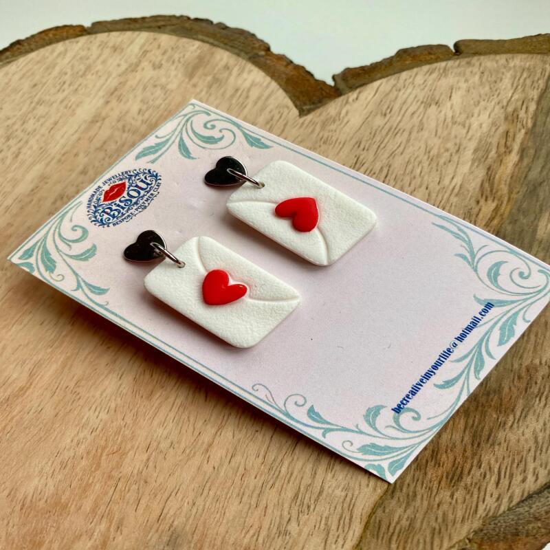 Heart Envelope Dangle Earrings | Handmade Polymer Clay Love Letter - silver