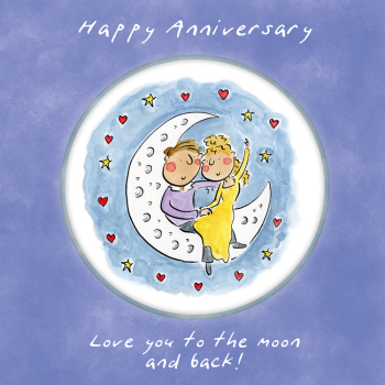 Holy Mackerel Moon and back, a 15cm square anniversary card featuring Rosie Brooks artwork, blank inside for your message. Wedding anniversary card for him, her, husband, wife, couple.