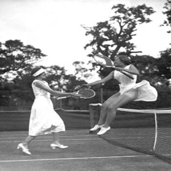 Holy Mackerel leaping the net retro black and white photographic card featuring a vintage image of after a tennis match - 12.6 x 17.7cm and blank inside