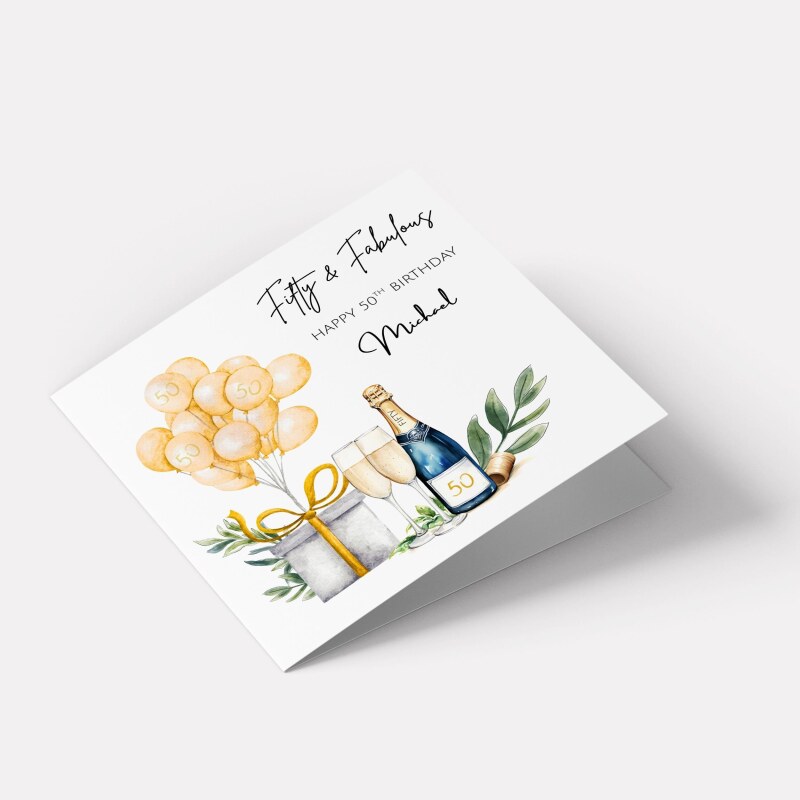 Personalised 50th birthday card champagne balloons gift box handmade milestone for him or her - Smooth No Message - Kraft Brown