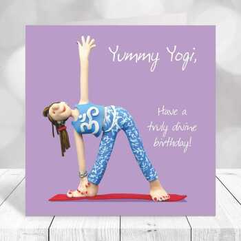 Yummy yogi female yoga birthday card for her - designed by Erica Sturla - 15cm square and blank inside, made in the UK