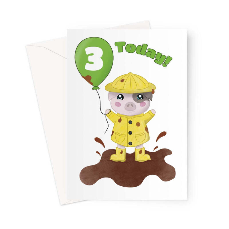 Cute Pig Age 3 Birthday Card For Child - A5 Portrait - 1 Card